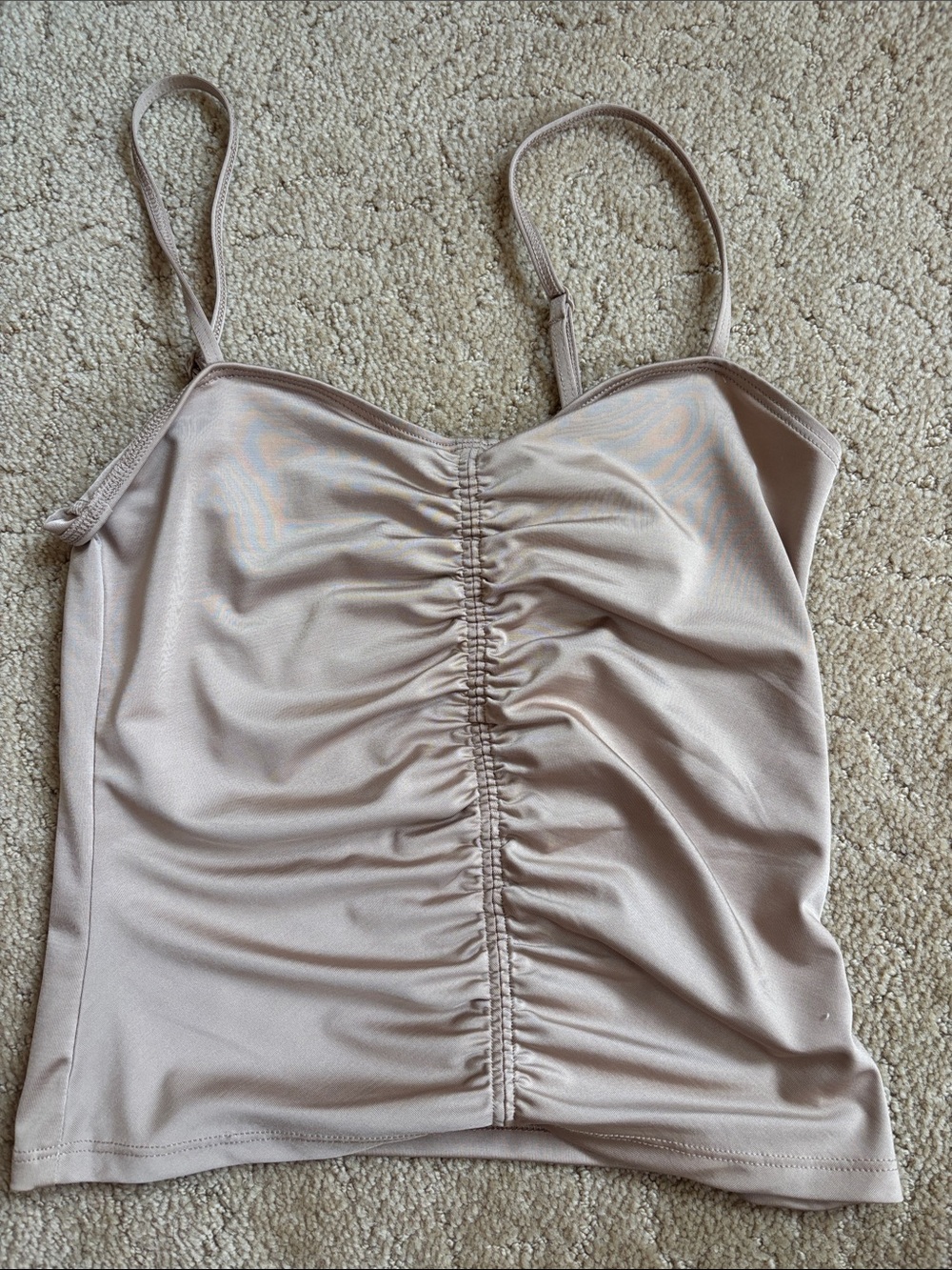 Aritzia Ruched Satin-Feel Spaghetti Strap Cami in Nude Blush